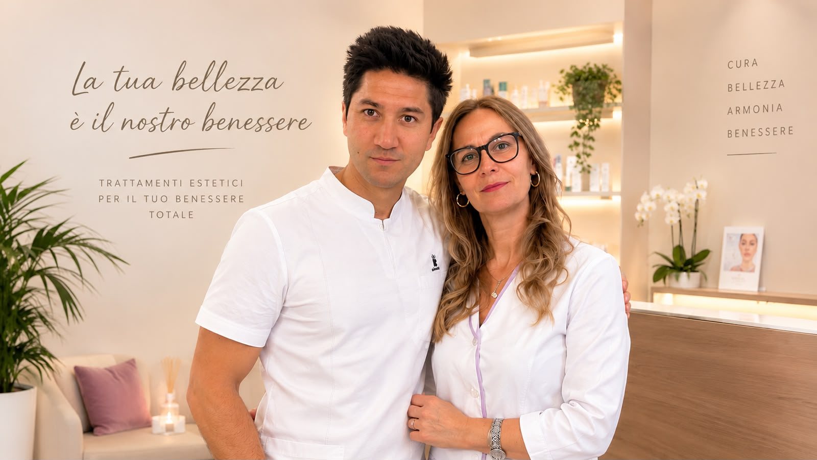 Elena e Stas, titolari di Gardenia Blu, nel centro estetico di Modena